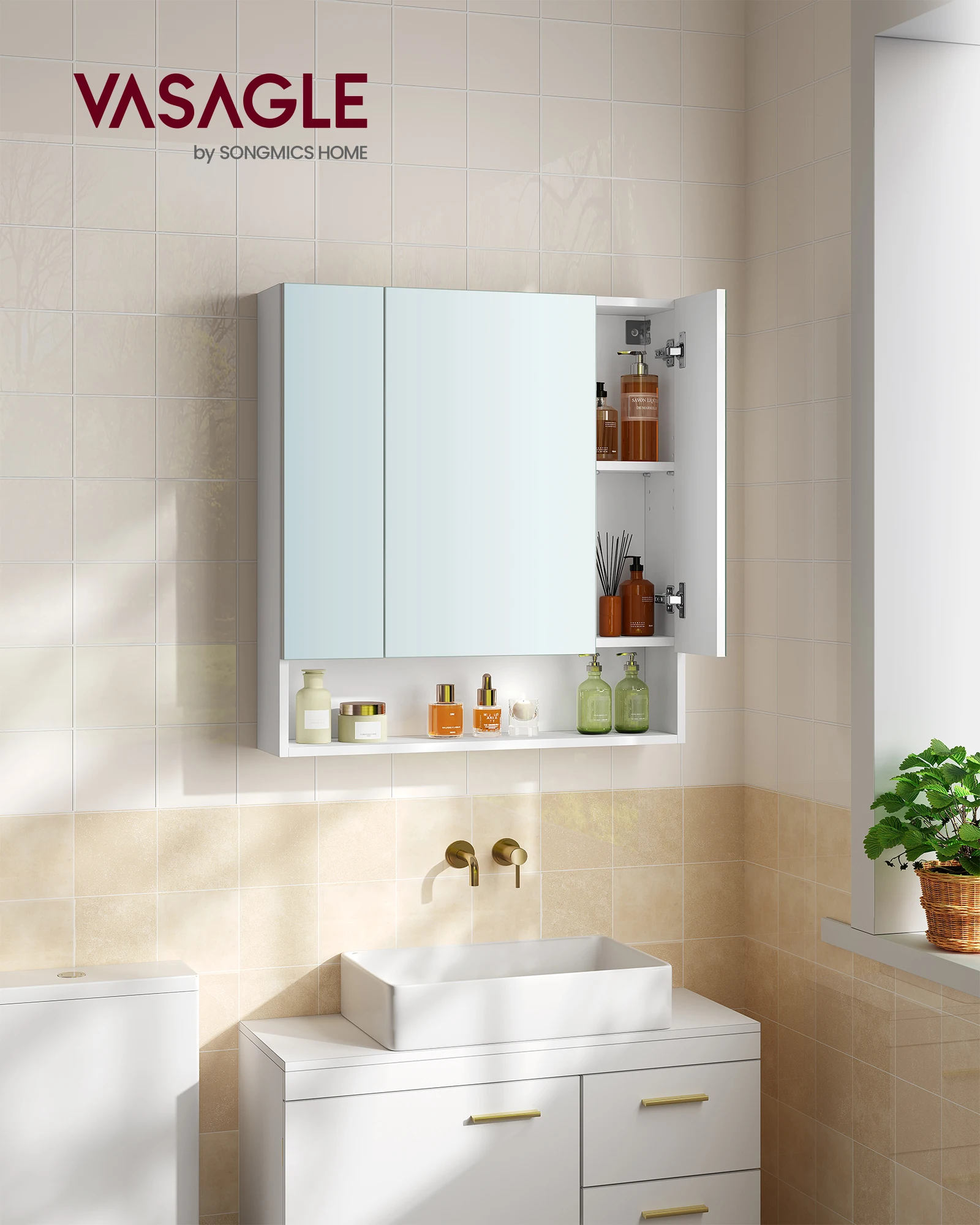 VASAGLE wardrobe bathroom wardrobe bathroom wardrobe with 3 doors open ...