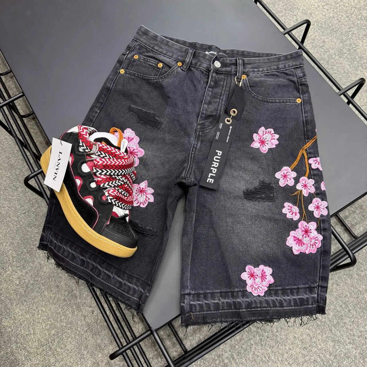 Y2k Cherry Blossom Embroidered Denim Shorts Mens Womens