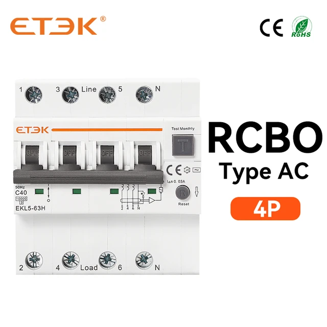 Etek rcbo Rest leistungs schalter über Strom leckage schutz Typ ac 1p n 3p n  2p