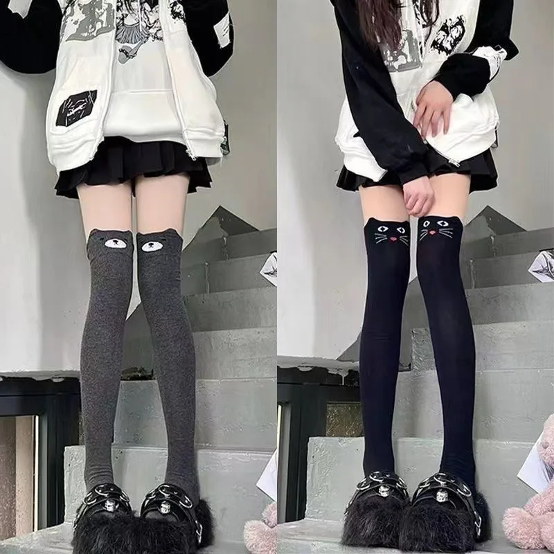 Women's Cotton Cat Bear Printed Stockings JK Japanese Style Cute Knitted Over The Knee Socks Thigh High Warm Thicken Long Sock