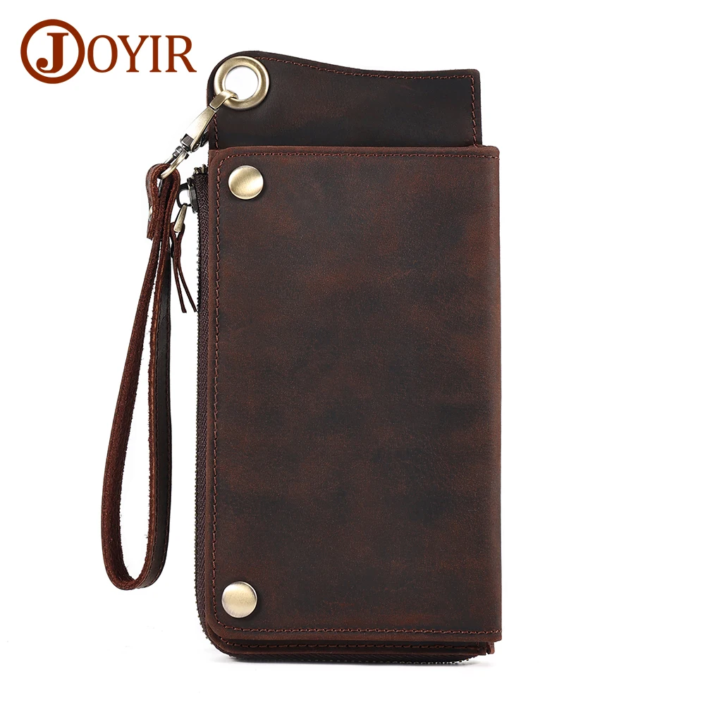 

JOYIR Genuine Leather RFID Blocking Long Wallet Vintage Bifold Wallets for Men Card Holder Clutch Phone Purse Male New