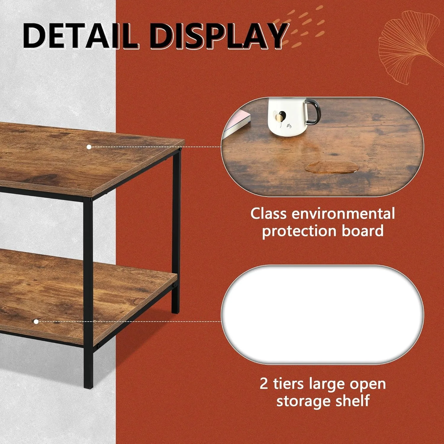 Small  Rectangle Wood and Metal Coffee Table with Storage Shelf for Small Living Rooms 4