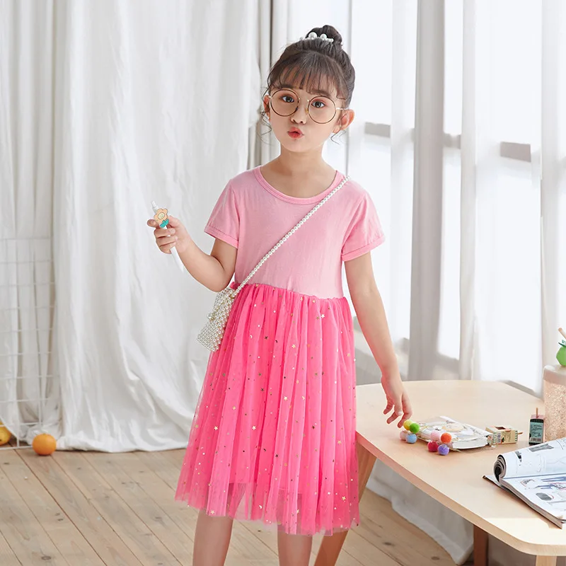 Summer Girls Dress Pink Kids Short Sleeve Dresses Baby Girls Princess