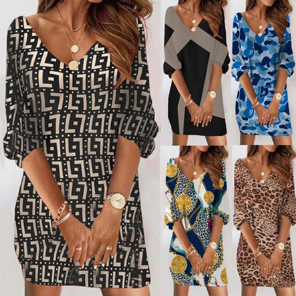 

Платье-мини женское с длинным рукавом, V-образным вырезом и винтажным принтом