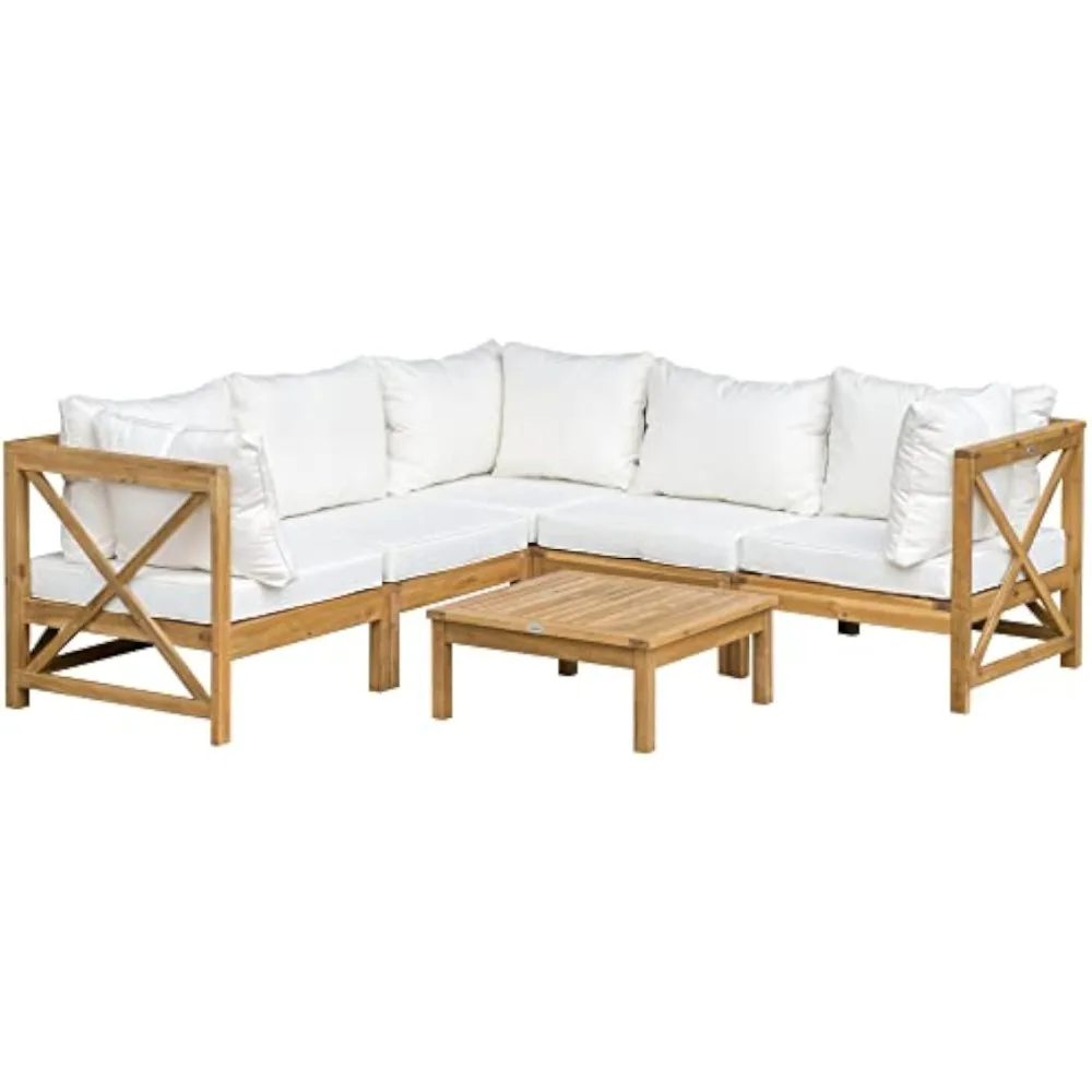 6-piece wooden patio furniture set, outdoor sofa with cushions, coffee table, acacia wood conversation set, cream white