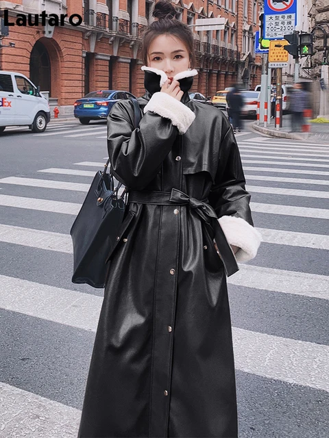 Winter Long Warm Thick Leather Trench Coat Faux Fur Inside Belt Loose Long Coat