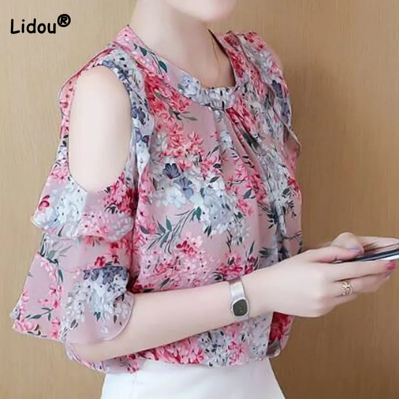 

Fashionable Elegant Female Off Shoulder Floral Chiffon Shirt Summer Temperament All-match Flare Sleeve Blouse Women's Clothing