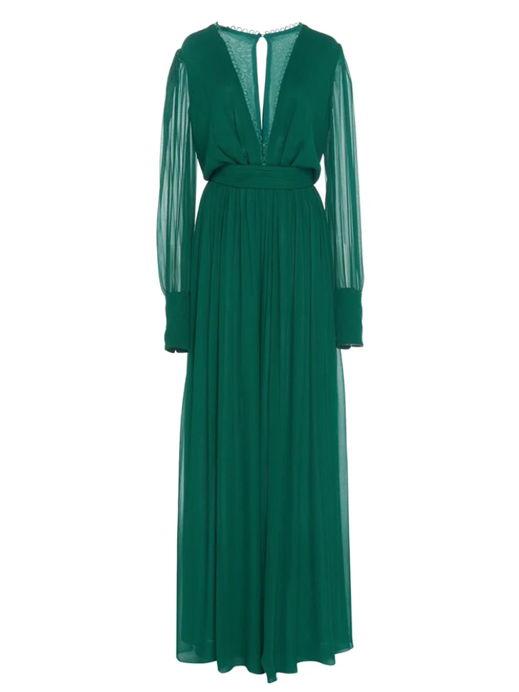 

2023 Fashion Designer Deep V-Neck Wide Leg Dress Women Spring And Summer Hollow Sexy Lantern Sleeves Lace Green Vacation Casual