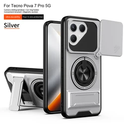Enhanced Shockproof Phone Case with Sliding Camera Cap and Built - in Magnet Ring Kickstand for Tecno pova 7 pro (SJZJ silver)