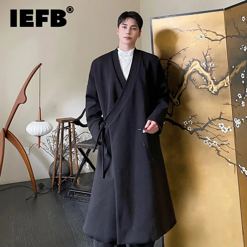

Мужское утепленное шерстяное пальто IEFB, осенне-зимняя одежда, винтажное длинное пальто на шнуровке, трендовая Мужская ветровка в Корейском стиле 9C2952