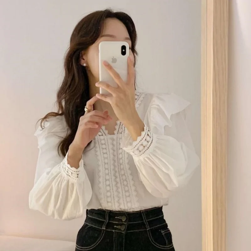White V Neck Long Sleeve Women Blouse