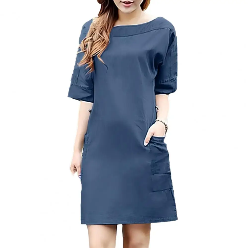 

Summer Retro Women Dress O-Neck Half Sleeve Pockets Loose Mini Dress Straight Dress