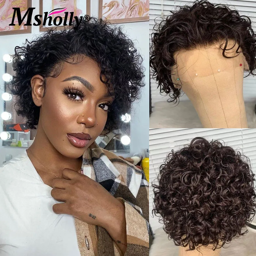 

Pixie Cut Short Bob Curly Wigs Black Color Glueless Human Hair Wigs 13x1 HD Lace Frontal Wig Brazilian Remy Water Wave Curly Wig