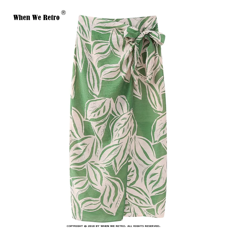 

New Women Vintage Floral Print Side Bow Tied Split Sarong Midi Skirt Faldas Mujer Female Chic Summer Holiday Boho Skirts RS864