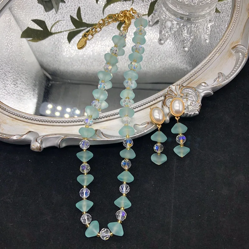 

French Vintage Ice Through Mist Face Blue Shaped Glass Cut Beads Necklace Pearl Earrings