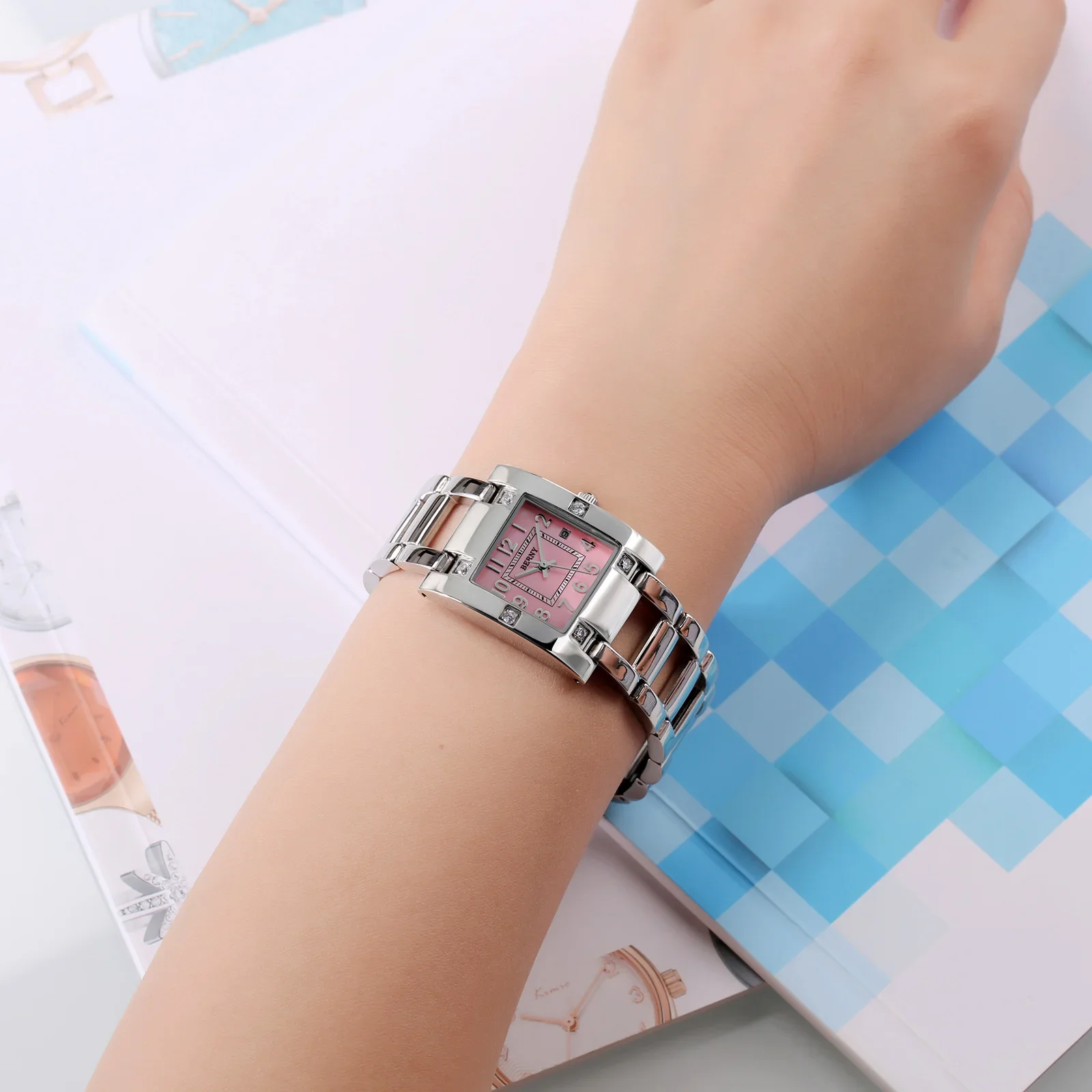 BERNY Quartz Watch for Women Calendar Fashion Casual Easy Read Stainless Steel Waterproof Ladies Square Wristwatch Elegant