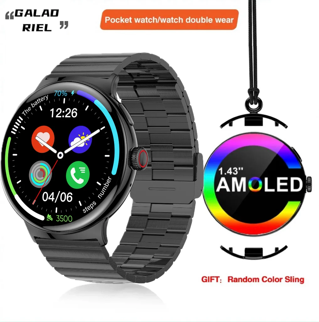 Смарт-часы с Bluetooth-вызовом, карманные часы с подвеской AMOLED, монитор сердечного ритма, фитнес-трекер, LA99, 1,43 дюйма, водозащита IP68