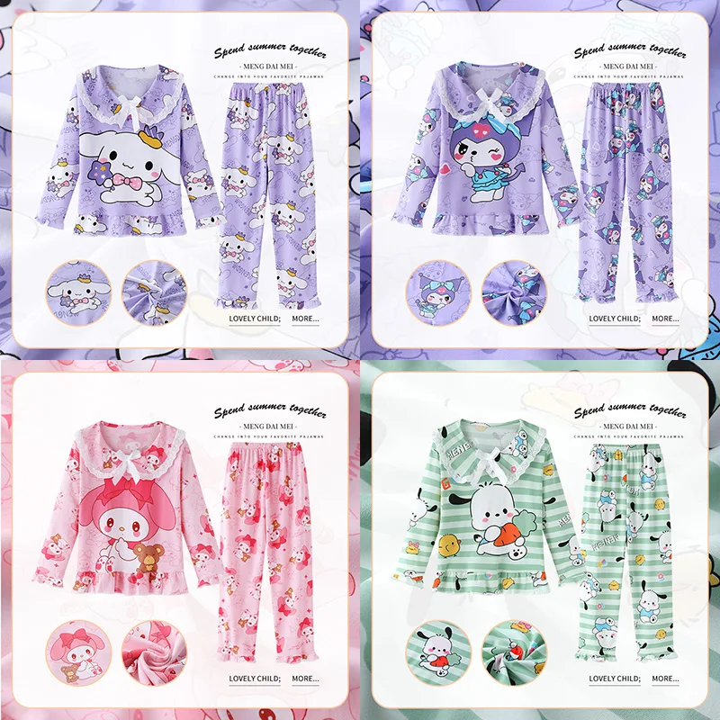 

Spring Children's Pajamas Girl Princess Sleepwear Cute Cinnamoroll Kuromi My Melody Kids Milk Silk Pajama 2024 Home Clothes Sets