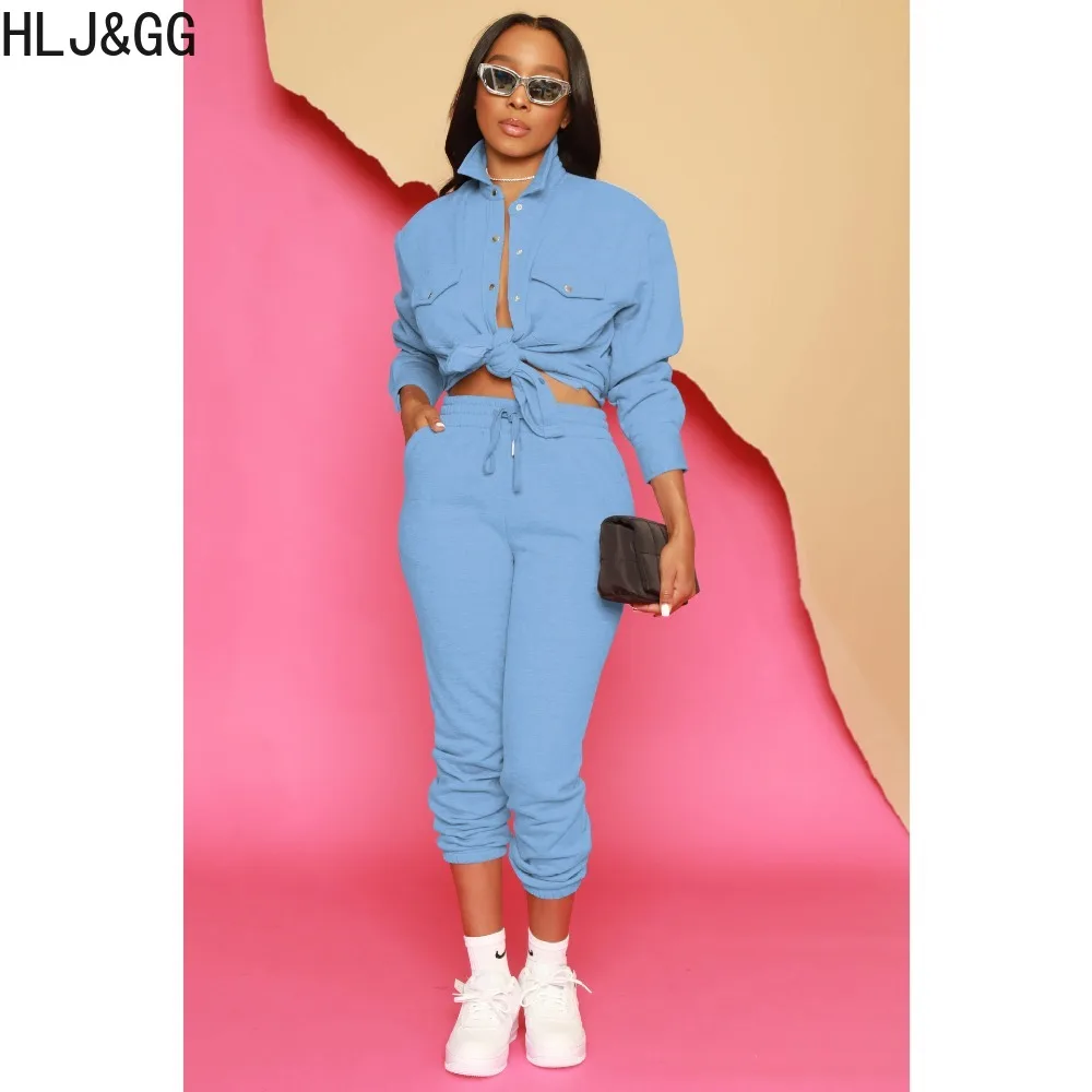 HLJ&GG Autumn Solid Color Shirt Two Piece Sets Women Turndown Collar Button Long Sleeve Top And Pants Tracksuits Female Outfits