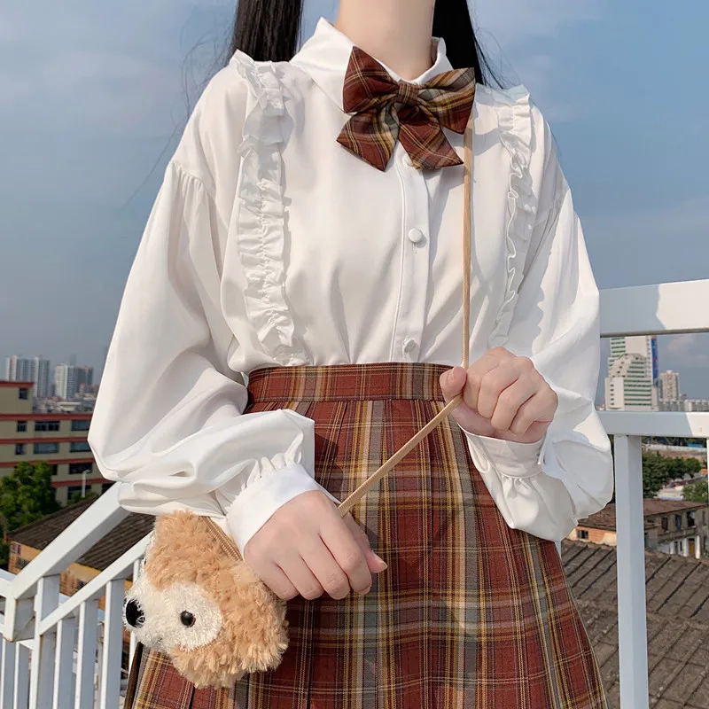 

White Shirt Teen Girls Spring Autumn Japanese Preppy Style Kawaii Frilly Turn Down Collar Lantern Sleeve Women Lolita Blouse Top