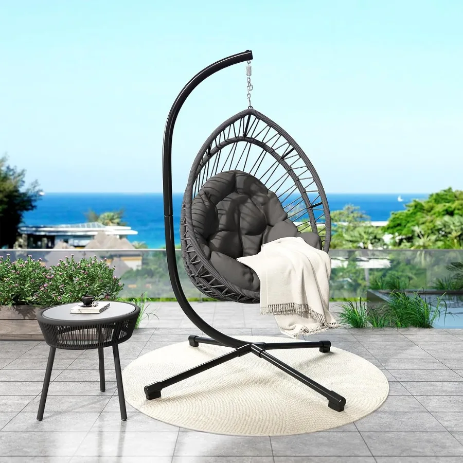 Hanging Egg Chair with Heavy Stand Foldable Patio Hammock Egg Swing Chair Made by AllWeather CoreSpun Polyester Rope with Soft