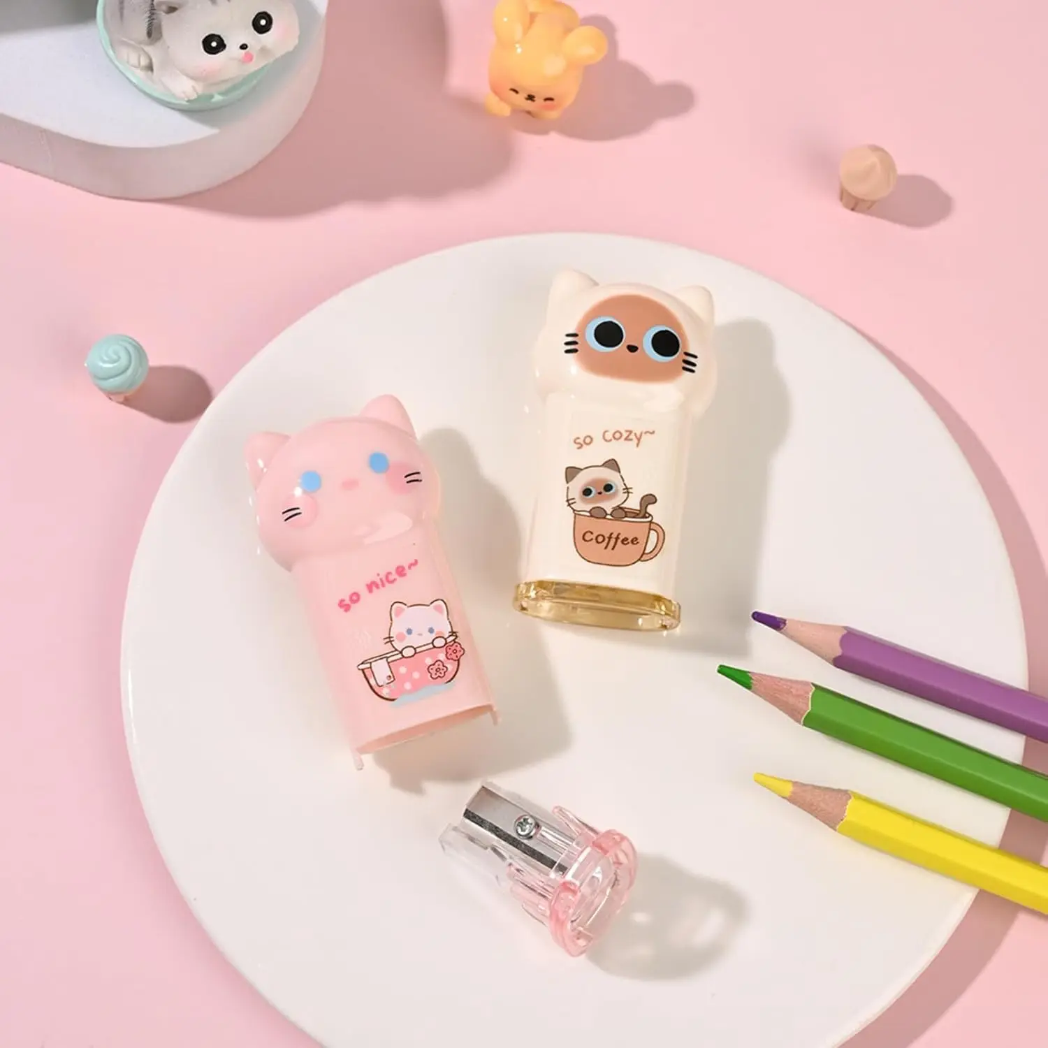 مبراة أقلام رصاص لطيفة على شكل قطة، مبراة أقلام يدوية صغيرة، مجموعة قرطاسية كاواي، مستلزمات مدرسية، مكتب Sch، 4 قطع