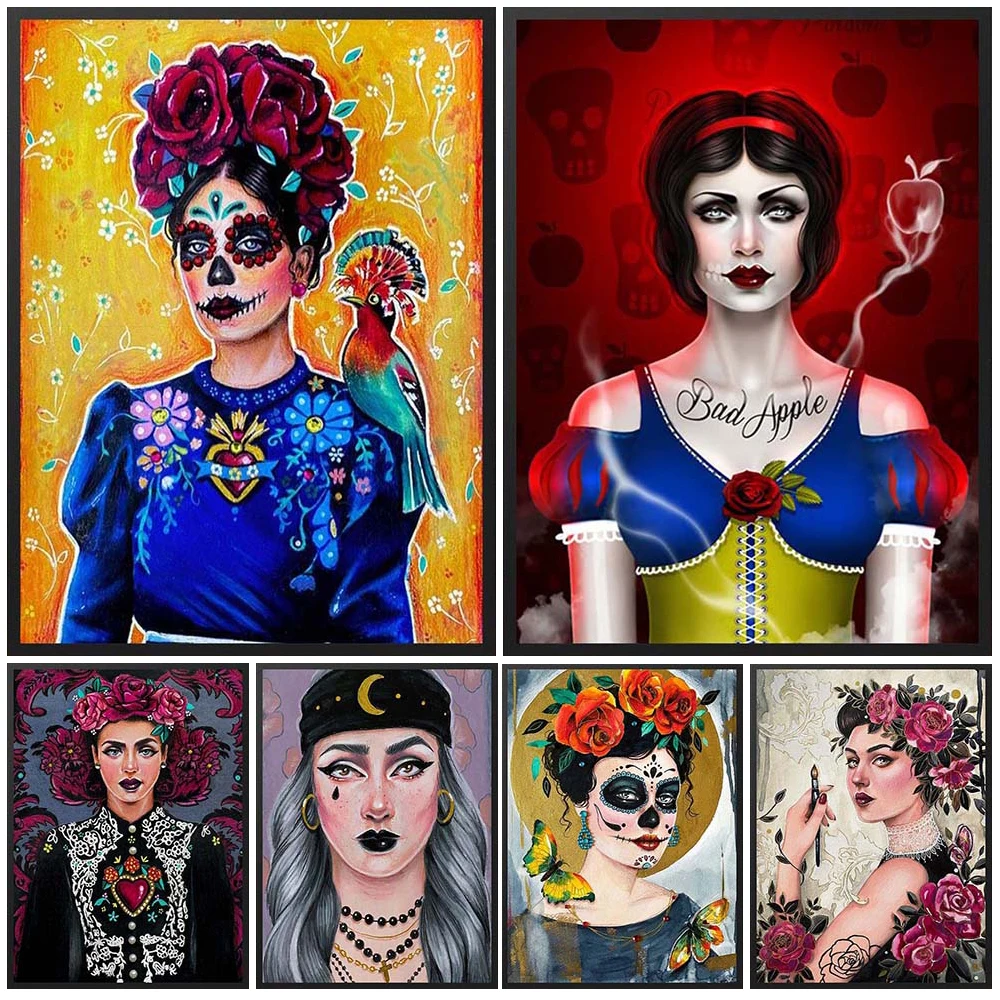 

Mexico Day of the Dead Women Portrait Grimace Girl Wall Pictures For Living Room Poster Wall Art Canvas Painting Unframed