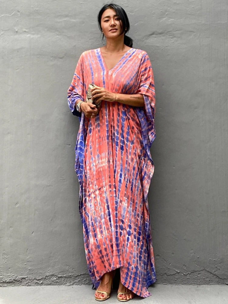 Kaftans 비치 드레스 넥타이 염색 프린트 비키니 커버 수영복 여성용 보헤미안 수영복 비치웨어 Hot