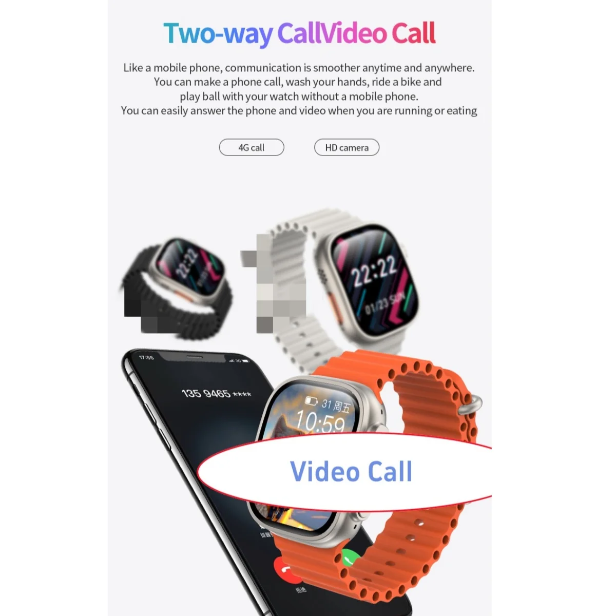 JC02 S9 울트라 4G 안드로이드 스마트워치, 티타늄 합금, 2.2 인치 AMOLED 스크린, 카메라 심, 와이파이, GPS 스마트워치, 구글 플레이 스토어