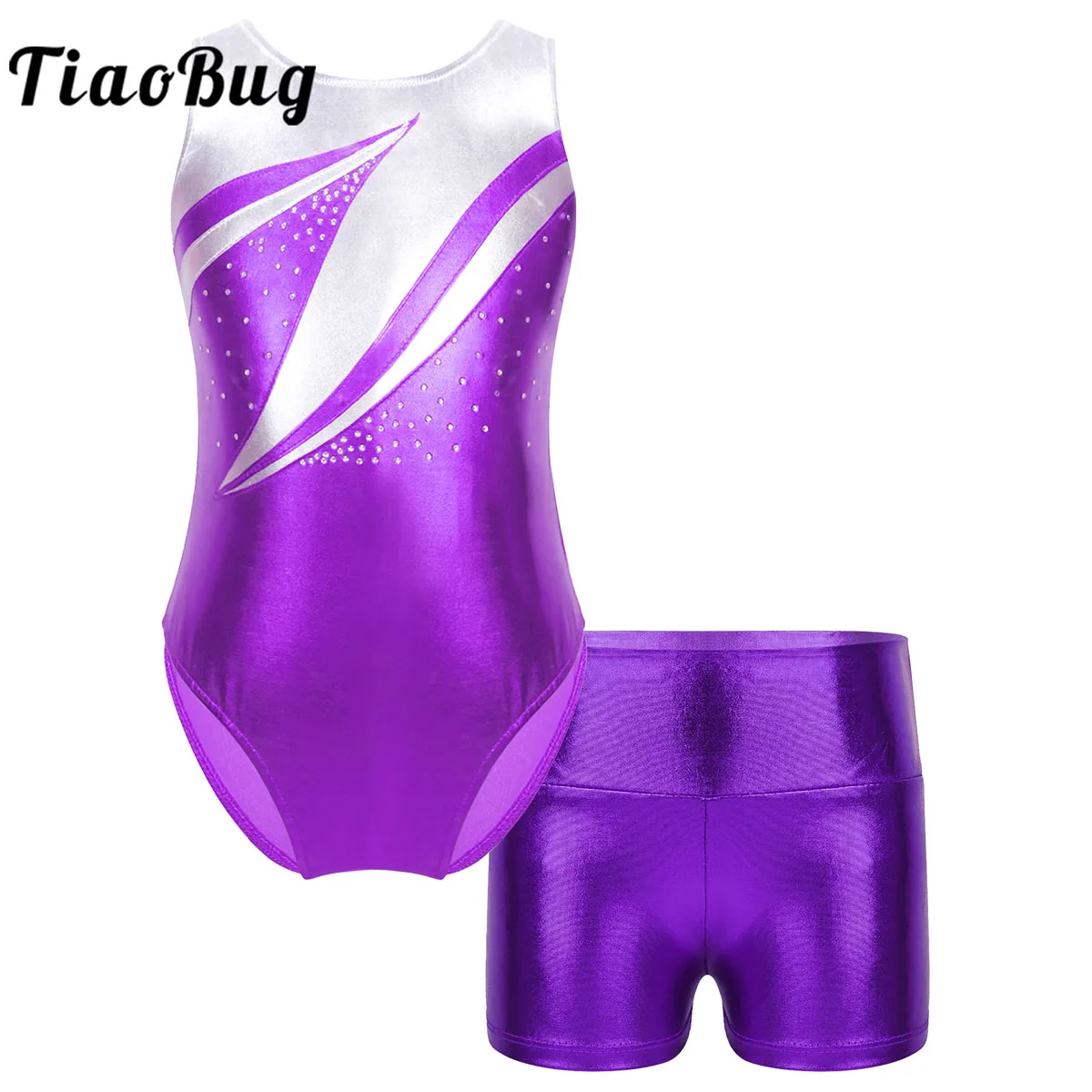 

Kids Girl Metallic Sleeveless Ballet Gymnastics Dancewear Sets Rhinestone Tank Unitard Workout Athletic Leotard Bodysuit Clothes