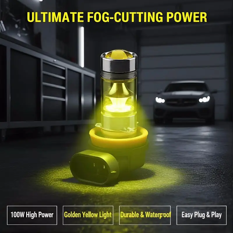 H11 H8 LED 노란색 안개등 전구 2개 4300K 100W 1500LM 밤 도시 도로용 슈퍼 브라이트 눈부심 방지