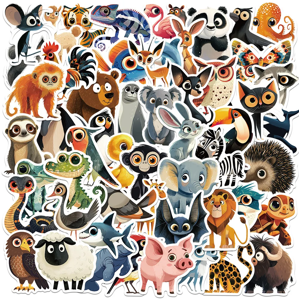 만화 큰 눈 동물 스티커, DIY 어린이 장식, 수트케이스, 물병, 전화, 노트북, 스케이트보드, 스크랩북, 10 개, 25 개, 50 개 