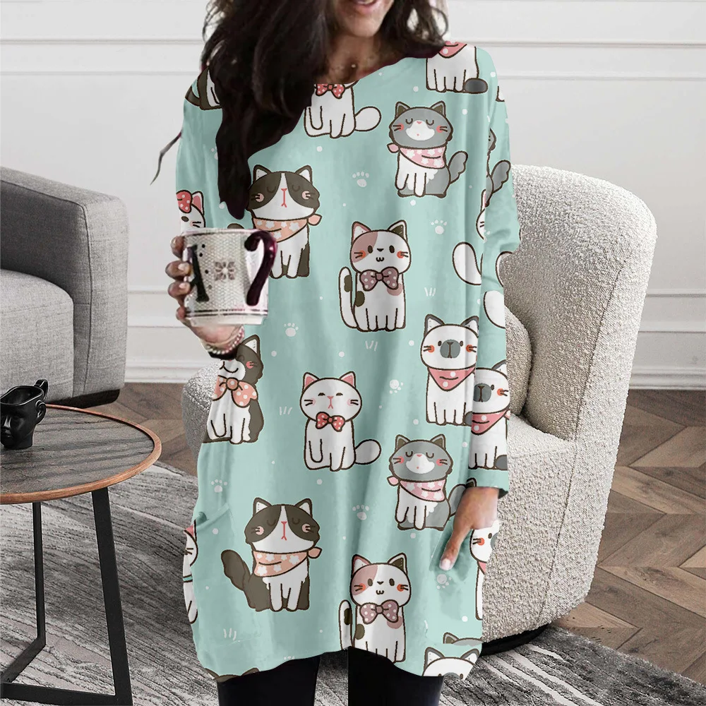 

New Arrival 3D many Cute Cats Casual O-neck Loose Slit Printing Animal loose long sleeves Dress Women's Spring Autumn Clothing