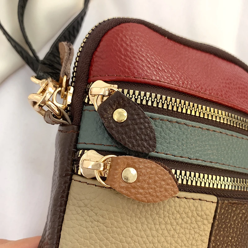 Genuine Leather Women Shoulder Bag Multi Zipper Soft Cowhide Girls Small Mobile Phone bag Color Stitching Color Random shoulder bag,leather handbag