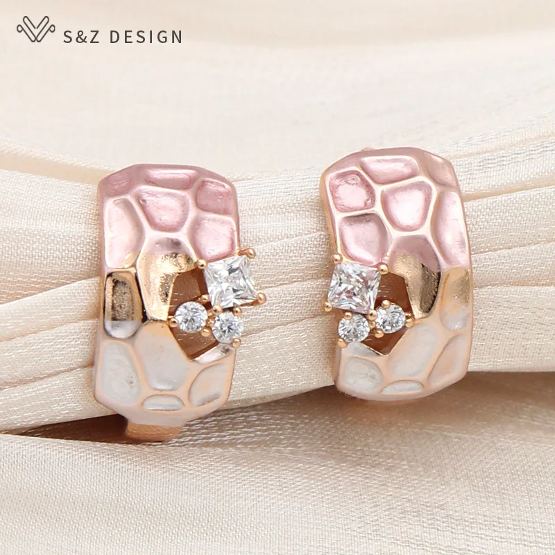 S&Z DESIGN New Fashion Honeycomb Square Cubic Zirconia Drop Earrings For Women Trendy Double Color Gold Personality Jewelry Gift