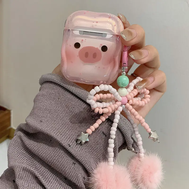 For AirPods 4 Pro 2nd Case Cute Cartoon Pink Pig Soft TPU Cover For AirPod 2 3 Wave Earphone Charging Box Beads Bow Keychain - Image 6