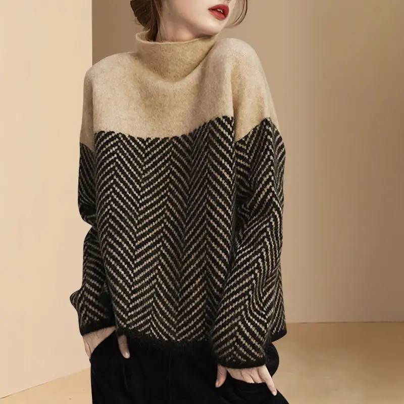 

Fashion Half High Neck Patchwork Long Sleeved Knit Shirt New Autumn/winter Women's Outerwear Pullover Gentle Style Sweater 2023