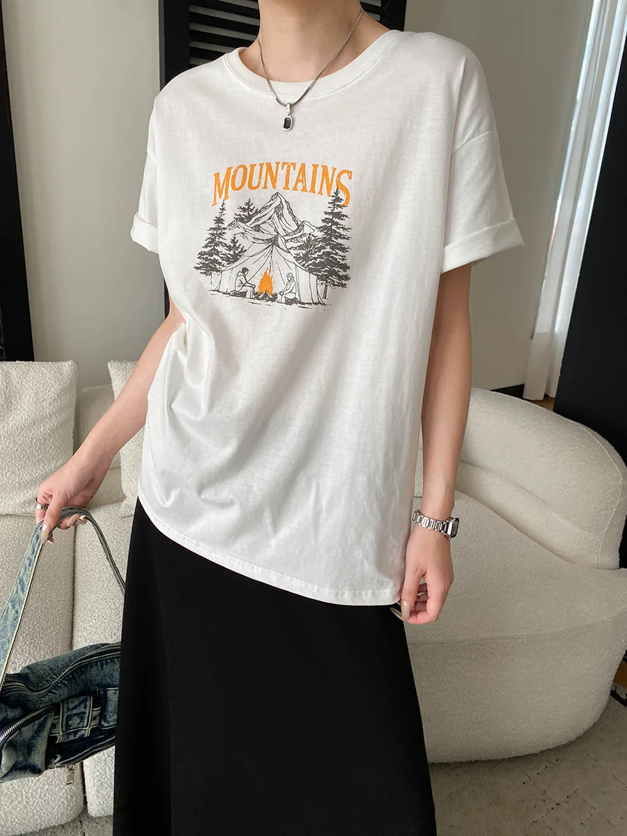 Sommerliches Damen-T-Shirt im amerikanischen Retro-Stil mit Bergmotiv-Print, Rundhalsausschnitt und kurzen Ärmeln