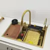 Gold LED Waterfall Kitchen Sink Large Single basin honeycomb anti-scratch nano technology Stainless Steel Sink LED Faucet 2