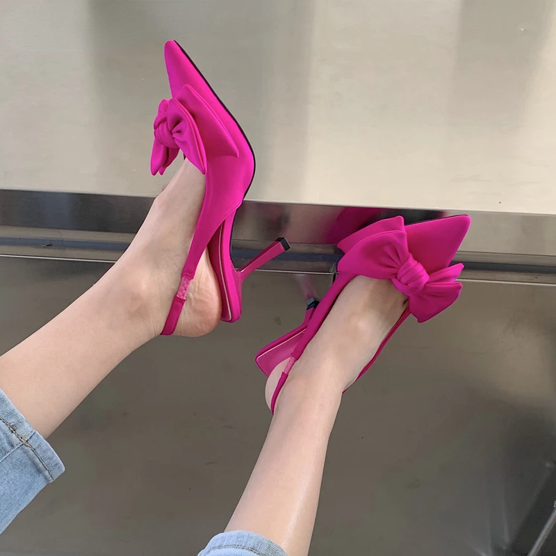 

2022 Summer Brand Women Slingback High Heel Sandals Shoes Fashion Bow-knot Pointed Toe Slip on Ladies Elegant Dress Pumps Shoes
