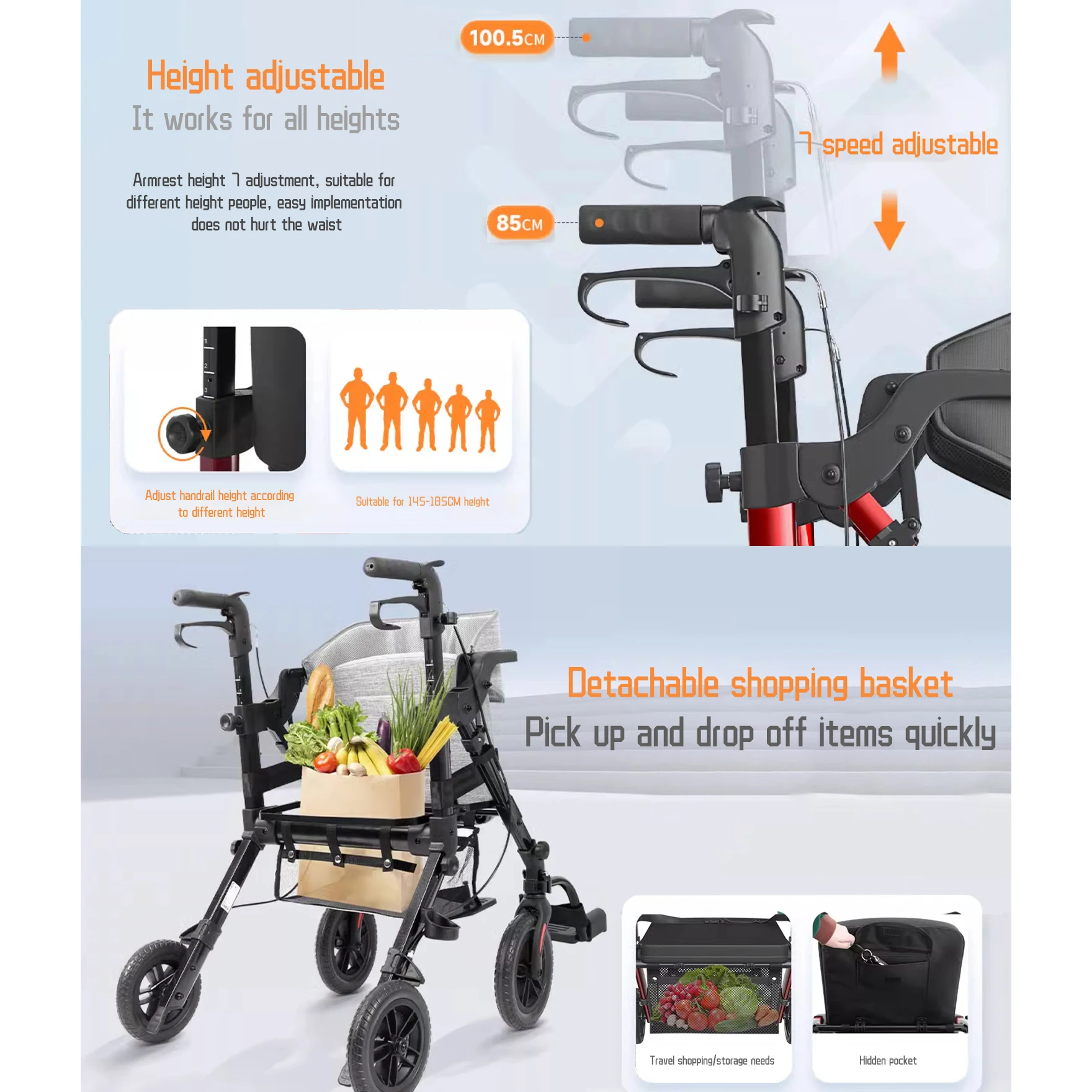 Wheel Walking Walker Assistive Device Medical Toilet Disabled Equipment Walker & Rollator Adult Dissability with Seat