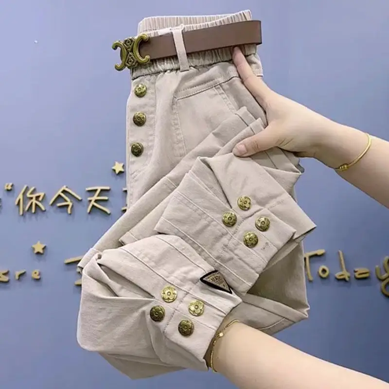 Women Vintage Casual Streetwear Y2K Denim Cargo Pants 2023 Autumn Winter Trendy Plush Thick Trousers Solid High Waist Pantalones