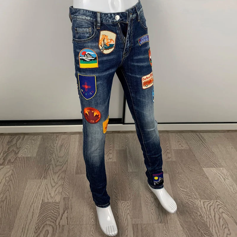 Street Fashion Men Jeans High Quality Retro Blue Elastic Stretch Skinny Jeans Men Patches Designer Hip Hop Brand Pants Hombre