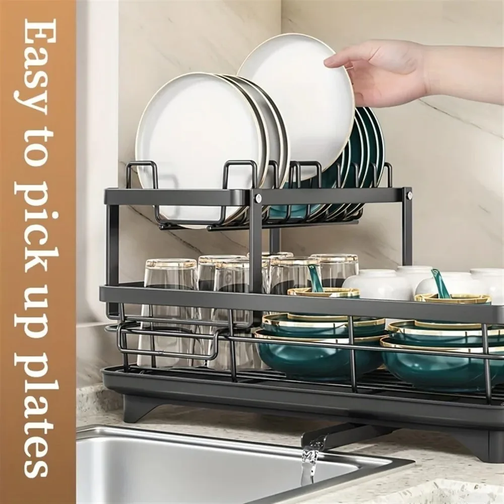 Dish Drying Rack Adjustable Kitchen Plates Organizer With Drainage Countertop Cutlery Storage Holder Metal Tableware Bowl Shelf