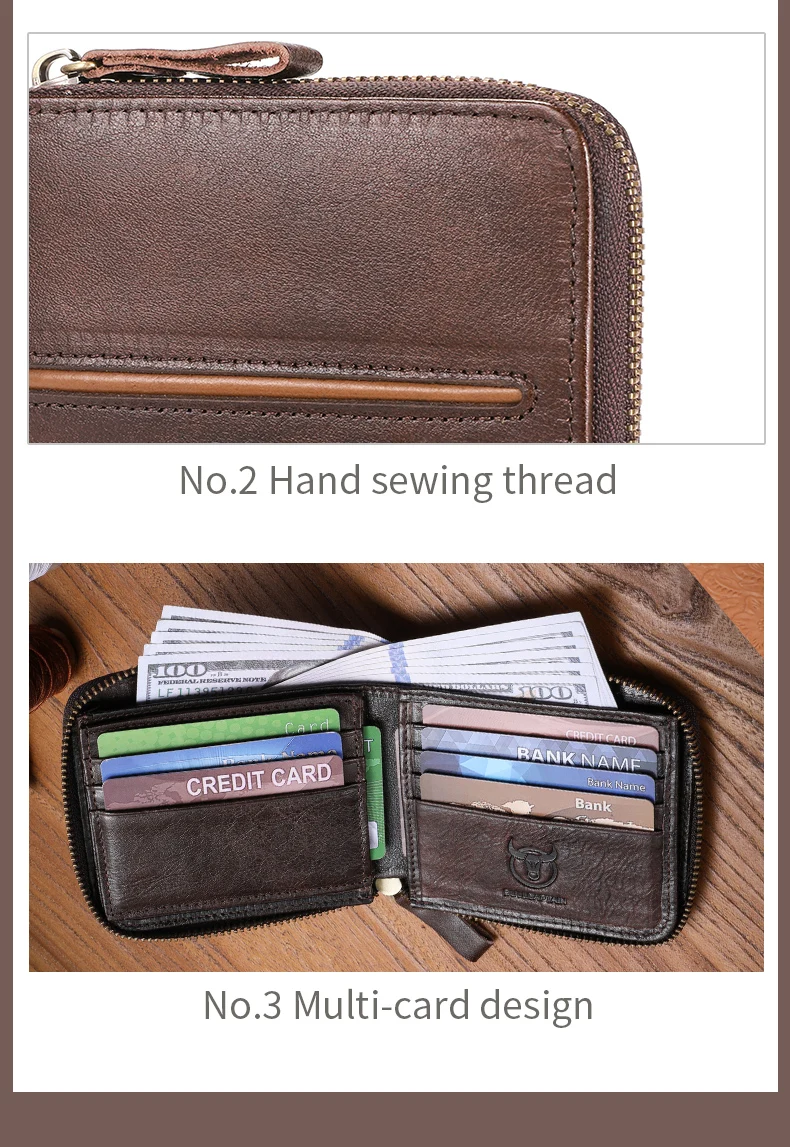 Bullcaptain Retro-RFID-Reißverschluss mit Fach, Herren-Geldbörse, RFID-Kreditkartenetui, Diebstahlsicherung, Mini-Herren-Geldbörse aus Leder – Detail 10