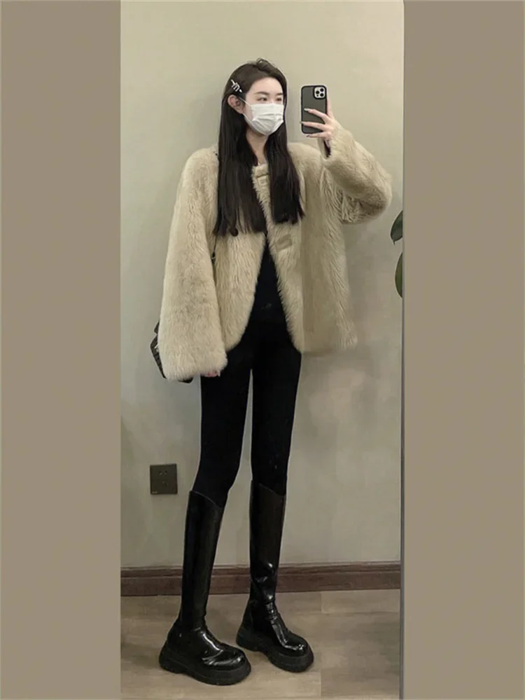 High-End Fashion Retro Solid Color Round Neck Long Sleeve Women's Faux Fur Coat Spring Autumn Commute Single Breasted Lamb Coat