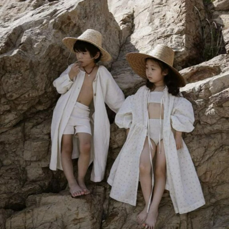 Summer Robes Girls Spring Floral Korean Lace-up Sun Protection Coat Long Cotton Comfort Puffy Sleeve Swim Beach Cover Robe