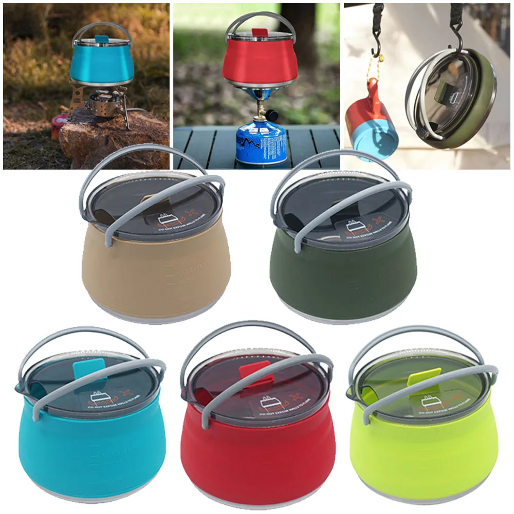 Camping cookware coffee kettle outdoor pot water kettle Silicone Folding Kettle Camping Teapot Portable Coffee Tea Cooker Collapsible Mini Boiling Water Pot with Handle Hiking Supplies
