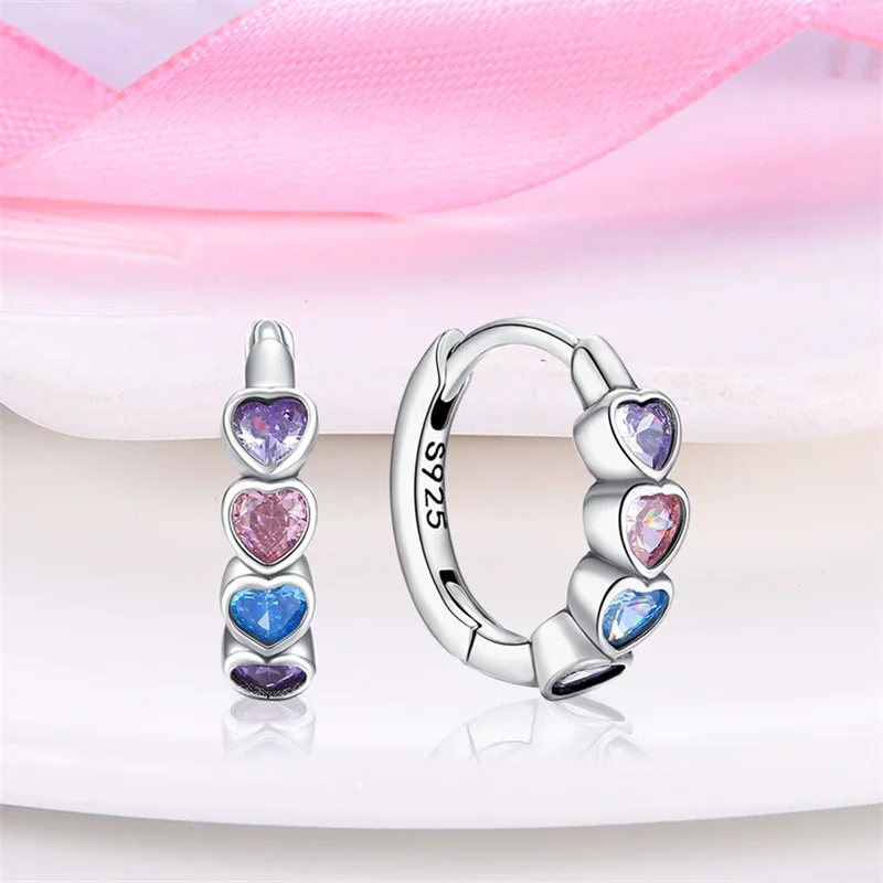 S925 Silver Colorful Geometric Heart-Shaped Hoop Earrings for Women Girls High-end Original Fine Jewelry Valentine's Day Gifts 4