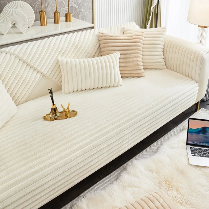Thicken Plush Stripe Sofa Cover Image 5